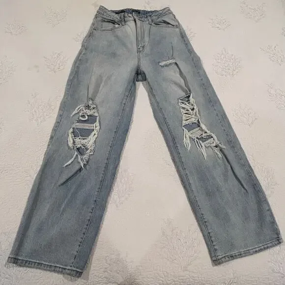 Baggy Jeans Women 8/29R Stone Wash Denim High Rise Distressed Streetwear - Picture 2 of 14